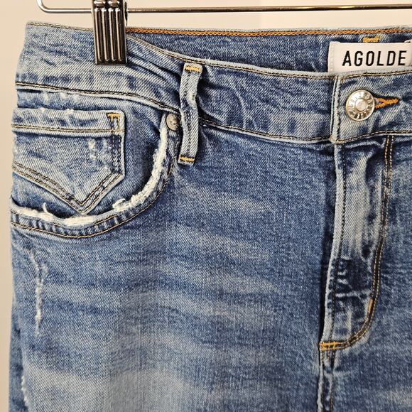AGOLDE Distressed Skinny Blue Denim Ankle Raw Edge Jeans | Women's 28 - Picture 13 of 16